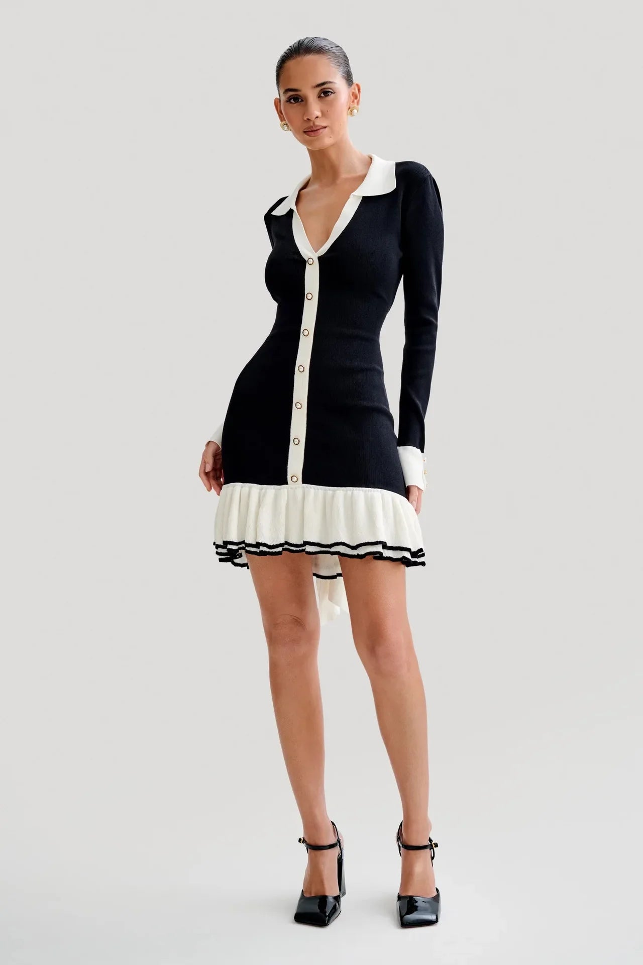 Knit Mini Dresses- Sassy Trimmed Mini Dress – Lower Back Cut Out + Bow- - IndioGear.com