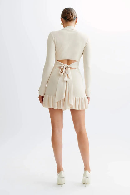 Knit Mini Dresses - Sassy Trimmed Mini Dress – Lower Back Cut Out + Bow