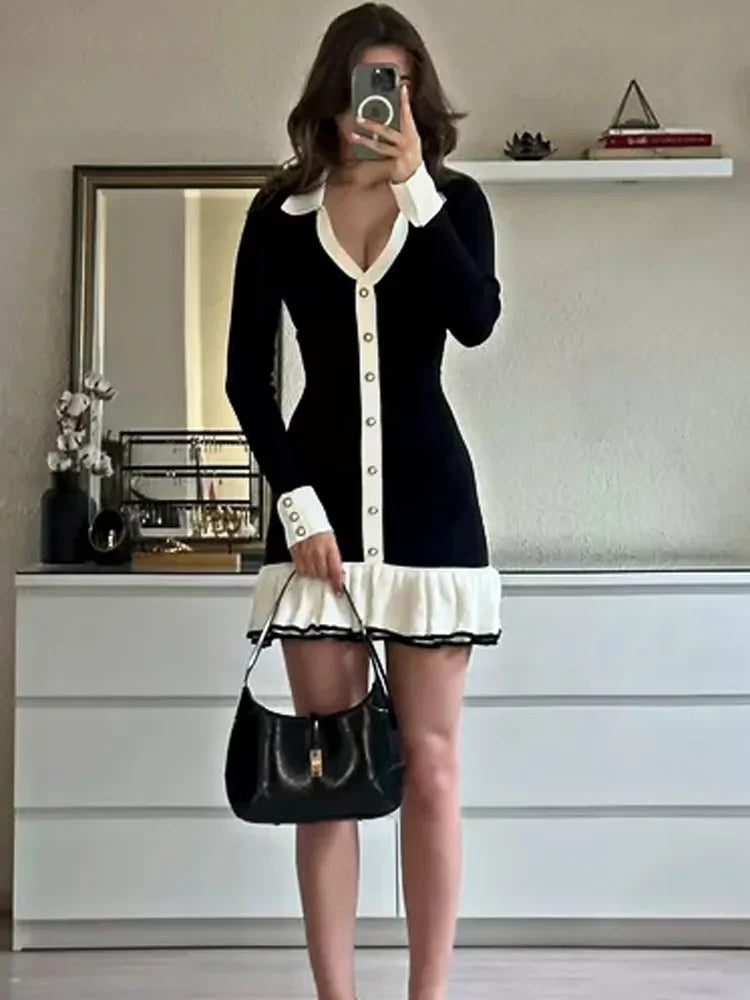 Knit Mini Dresses- Sassy Trimmed Mini Dress – Lower Back Cut Out + Bow- - IndioGear.com