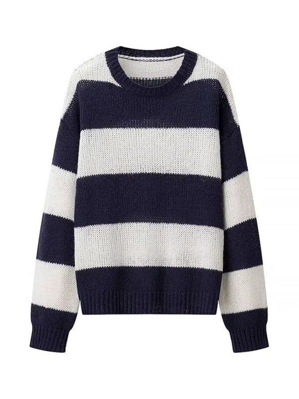 Knit Sweaters- Navy & White Stripe Knit Sweater Color Block Jumper- - IndioGear Women Clothing