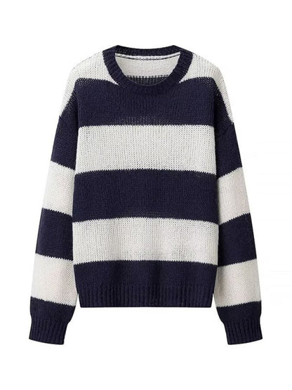 Knit Sweaters- Navy & White Stripe Knit Sweater Color Block Jumper- - IndioGear Women Clothing