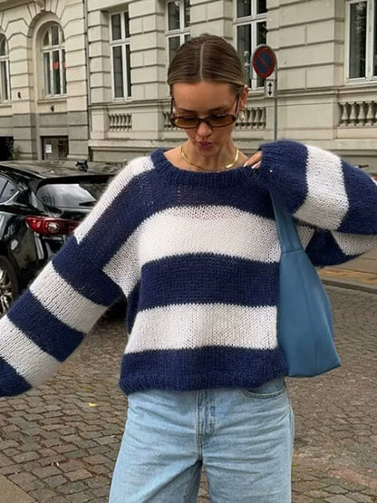 Knit Sweaters- Navy & White Stripe Knit Sweater Color Block Jumper- - IndioGear Women Clothing