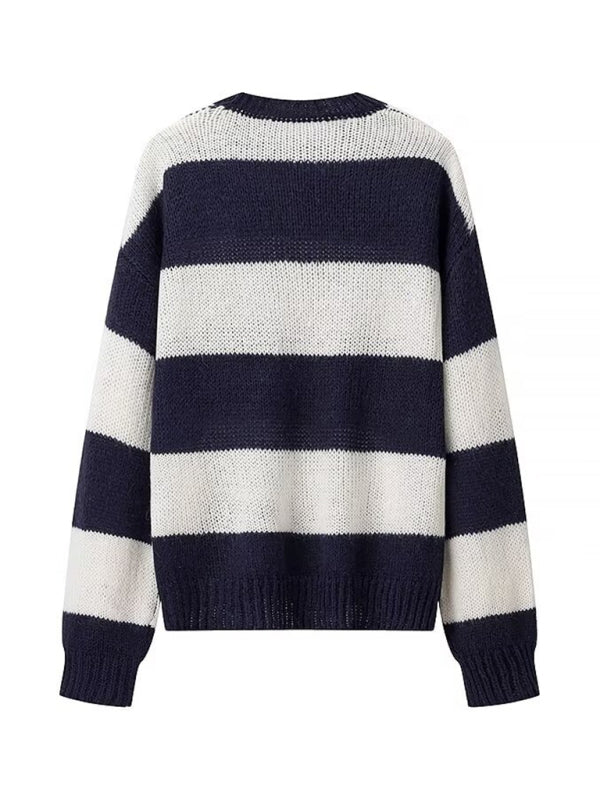 Knit Sweaters- Navy & White Stripe Knit Sweater Color Block Jumper- - IndioGear Women Clothing