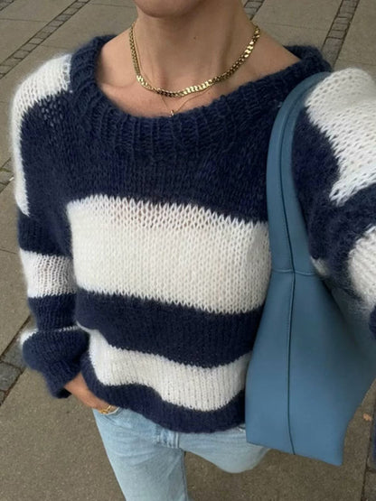 Knit Sweaters- Navy & White Stripe Knit Sweater Color Block Jumper- - IndioGear Women Clothing