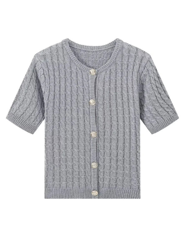 Knit Tops- Button-Up Knit Sweater Cable Knit Short-Sleeve Cardigan Top- - IndioGear Women Clothing