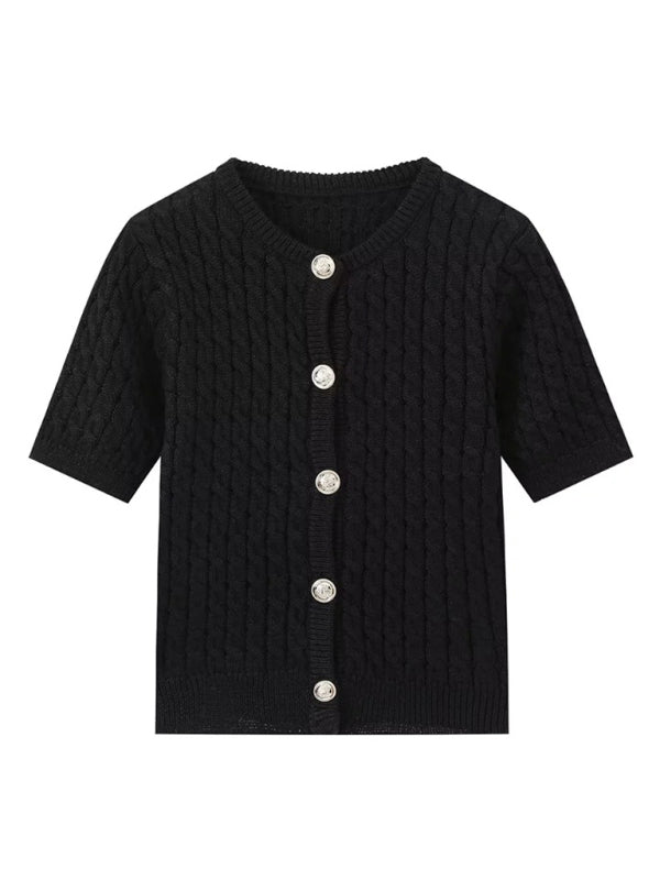 Knit Tops- Button-Up Knit Sweater Cable Knit Short-Sleeve Cardigan Top- - IndioGear Women Clothing