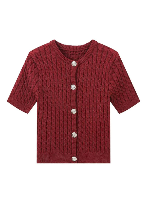 Knit Tops- Button-Up Knit Sweater Cable Knit Short-Sleeve Cardigan Top- - IndioGear Women Clothing