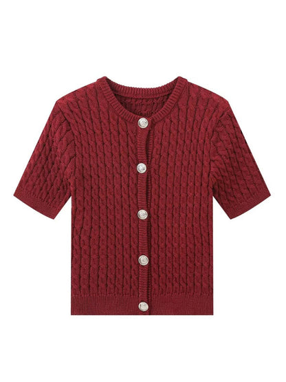 Knit Tops- Button-Up Knit Sweater Cable Knit Short-Sleeve Cardigan Top- - IndioGear Women Clothing