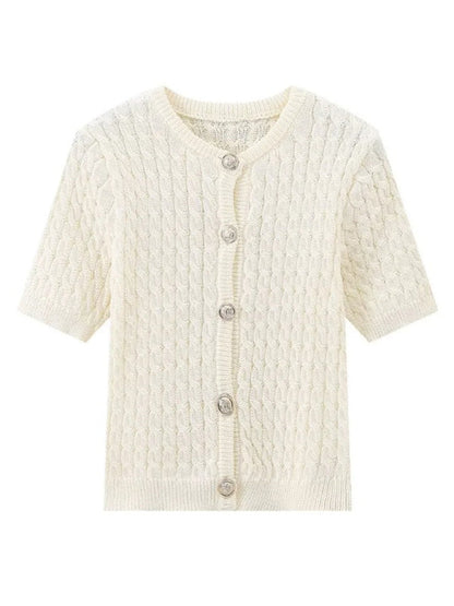 Knit Tops- Button-Up Knit Sweater Cable Knit Short-Sleeve Cardigan Top- - IndioGear Women Clothing