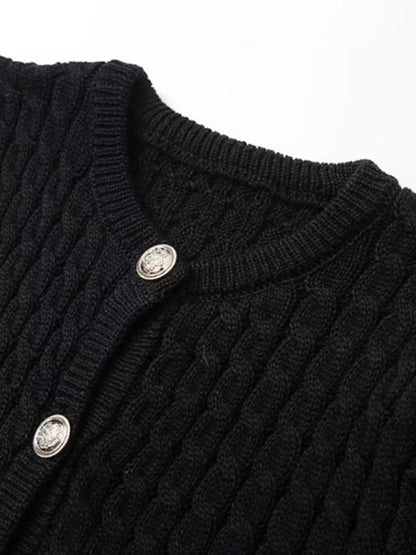 Knit Tops- Button-Up Knit Sweater Cable Knit Short-Sleeve Cardigan Top- - IndioGear Women Clothing