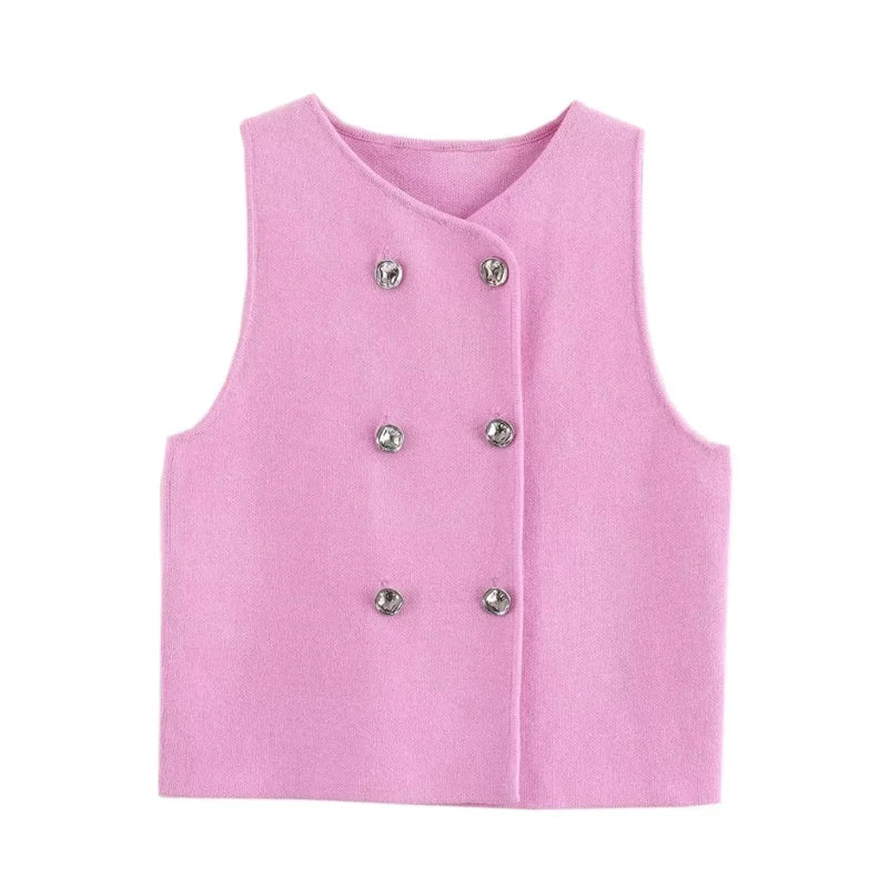 Knit Tops- Double-Breasted Crop Vest Knitted Sleeveless Topper- Pink- IndioGear Women Clothing