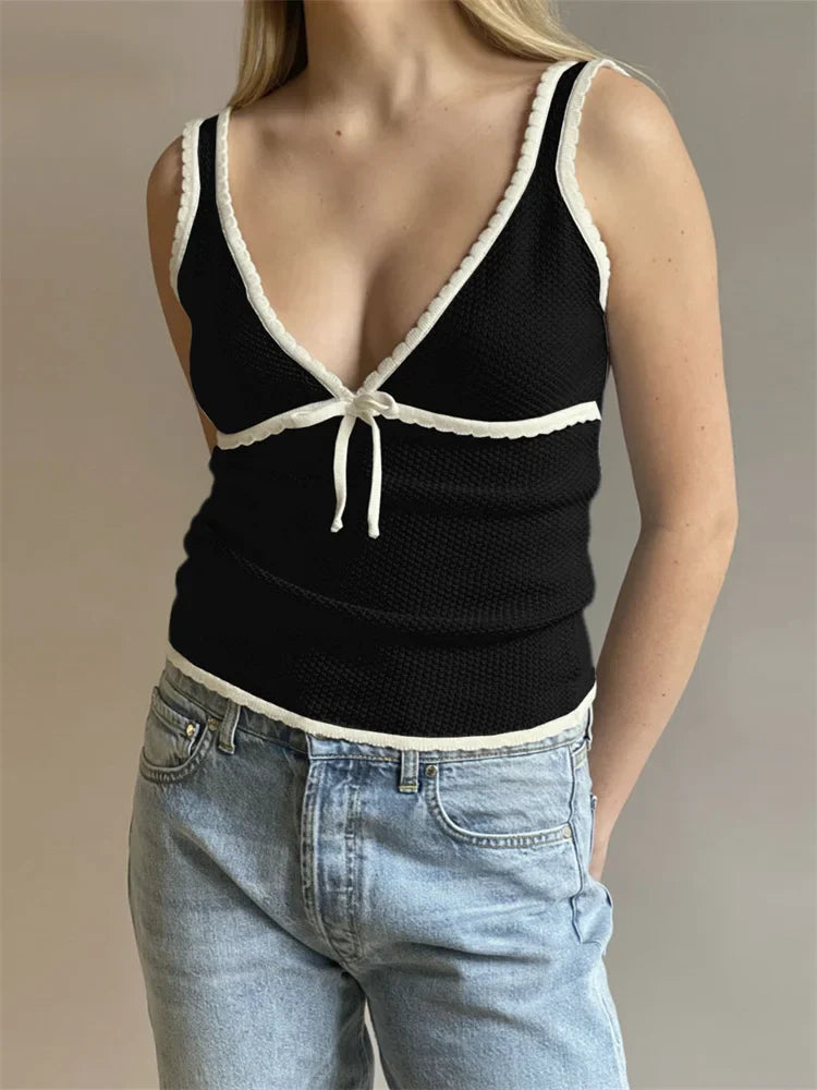 Knit Tops- Dual-Tone Knitwear Sleeveless Tie Knit Top- black- IndioGear Women Clothing