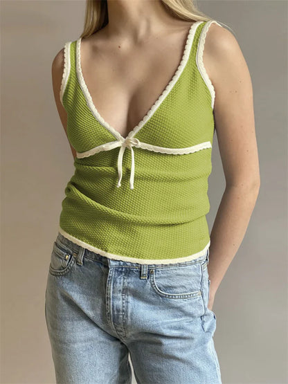 Knit Tops- Dual-Tone Knitwear Sleeveless Tie Knit Top- green- IndioGear Women Clothing