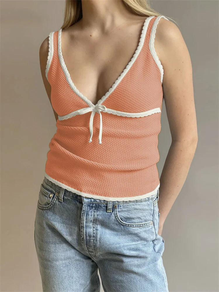 Knit Tops- Dual-Tone Knitwear Sleeveless Tie Knit Top- Orange- IndioGear Women Clothing