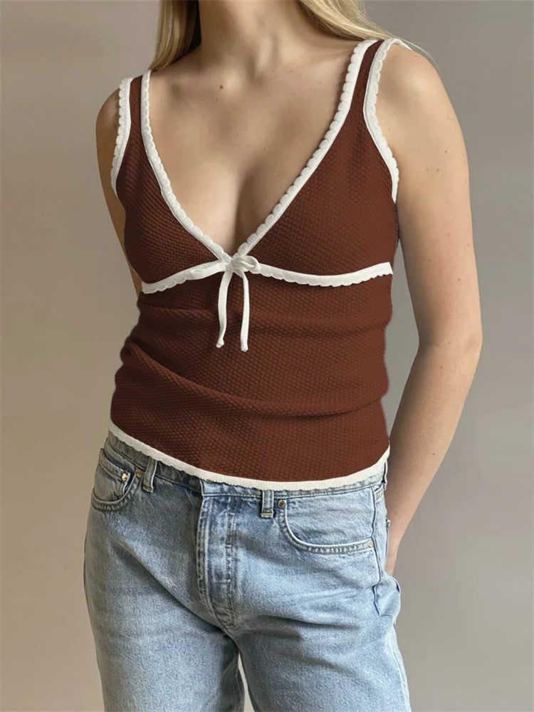 Knit Tops- Dual-Tone Knitwear Sleeveless Tie Knit Top- Coffee- IndioGear Women Clothing