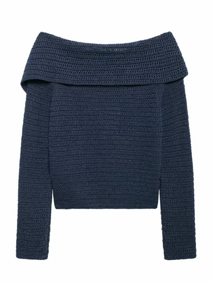 Knit Tops- Fall Shoulder-Baring Top Navy Cropped Knitwear- - IndioGear.com