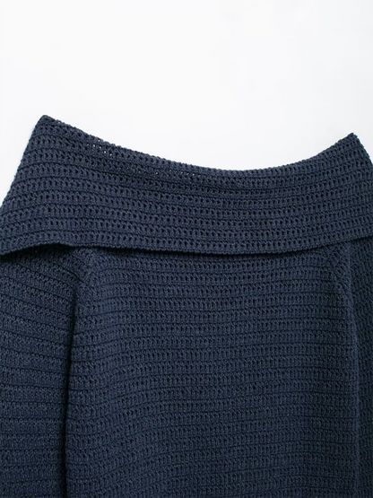 Knit Tops- Fall Shoulder-Baring Top Navy Cropped Knitwear- - IndioGear.com