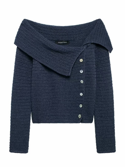 Knit Tops- Fall Shoulder-Baring Top Navy Cropped Knitwear- Champlain color- IndioGear.com