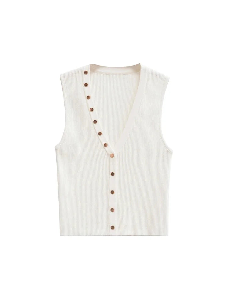 Knit Tops- Gold Button Top Sleeveless Knitwear Business Casual Top- - IndioGear Women Clothing