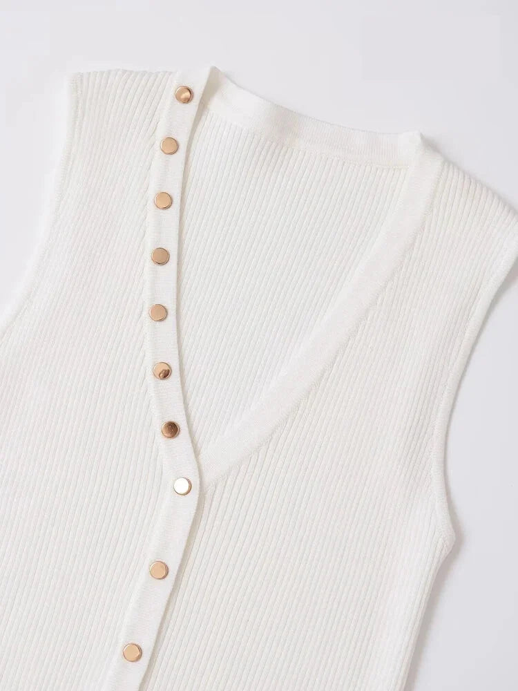 Knit Tops- Gold Button Top Sleeveless Knitwear Business Casual Top- - IndioGear Women Clothing