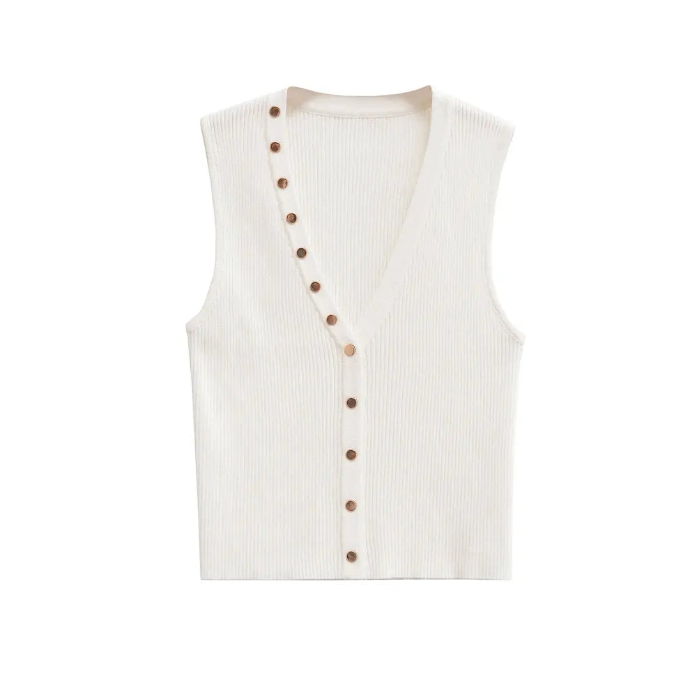 Knit Tops- Gold Button Top Sleeveless Knitwear Business Casual Top- White- IndioGear Women Clothing