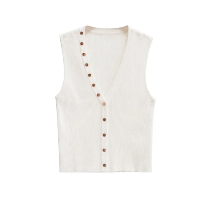 Knit Tops- Gold Button Top Sleeveless Knitwear Business Casual Top- White- IndioGear Women Clothing