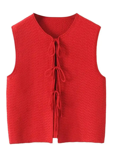 Knit Tops- Red Sleeveless Knit Tie-Up Vest Perfect for Women- - IndioGear.com