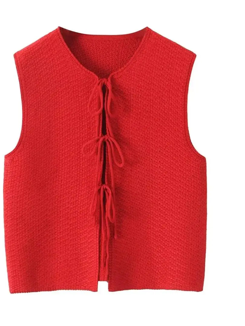 Knit Tops- Red Sleeveless Knit Tie-Up Vest Perfect for Women- - IndioGear.com