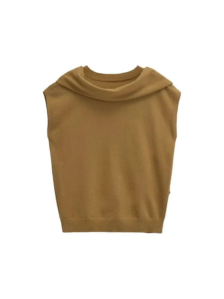 Knit Tops- Scarf Neck Top Sleeveless Knit Sweater- - IndioGear Women Clothing