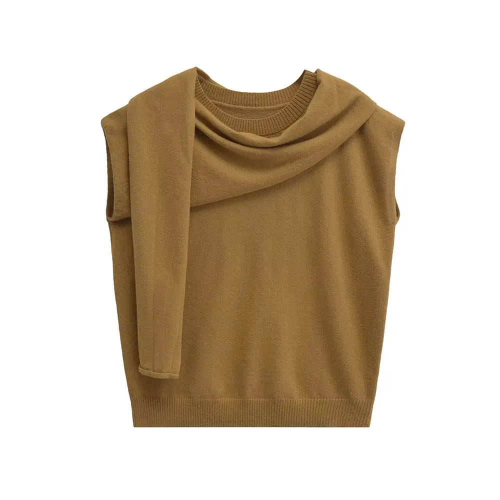 Knit Tops- Scarf Neck Top Sleeveless Knit Sweater- Terra Brown- IndioGear Women Clothing