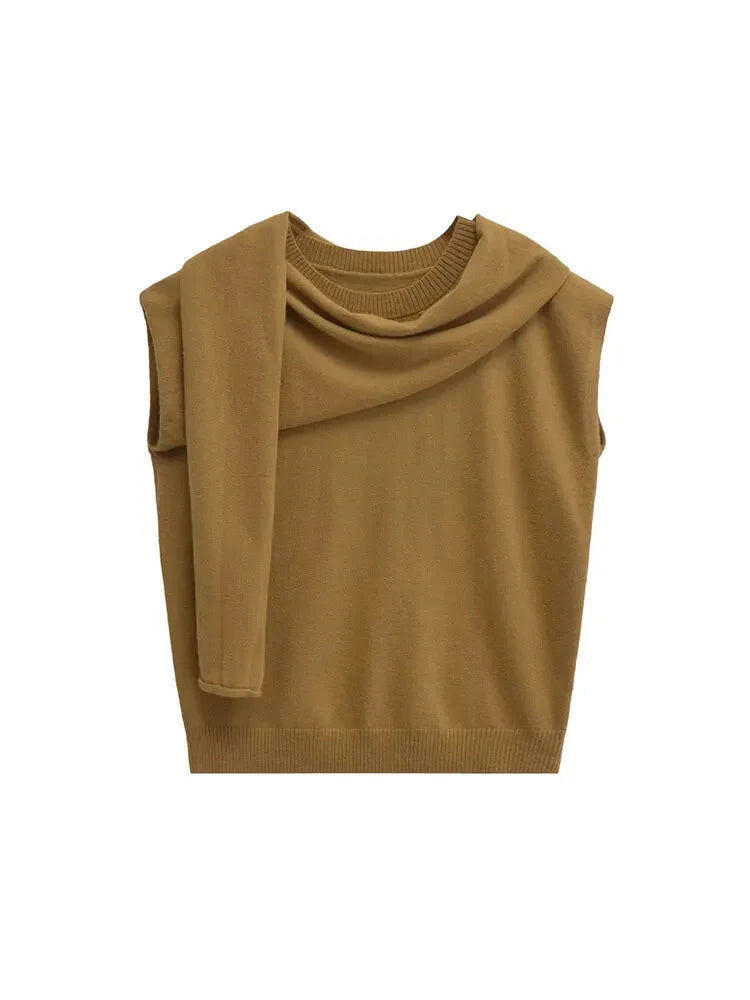 Knit Tops- Scarf Neck Top Sleeveless Knit Sweater- - IndioGear Women Clothing