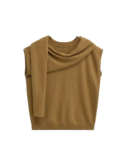 Knit Tops- Scarf Neck Top Sleeveless Knit Sweater- - IndioGear Women Clothing