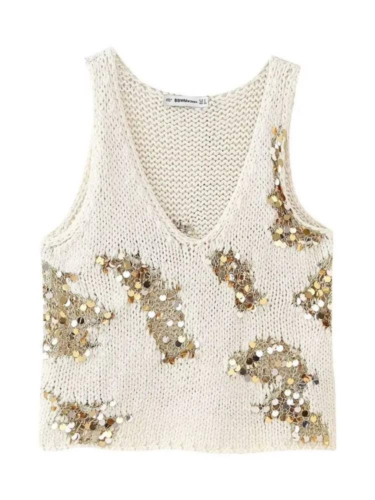 Knit Tops- Sparkle Embellished Tank Top for Chic Events- Vanilla White- IndioGear.com