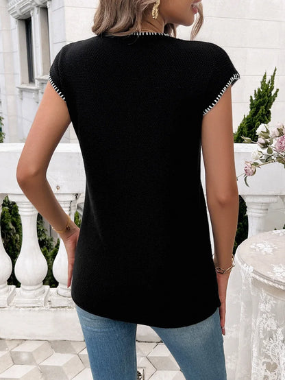 Knit Tops- Women Cap Sleeve Top in Contrast Trim- - Chuzko Women Clothing