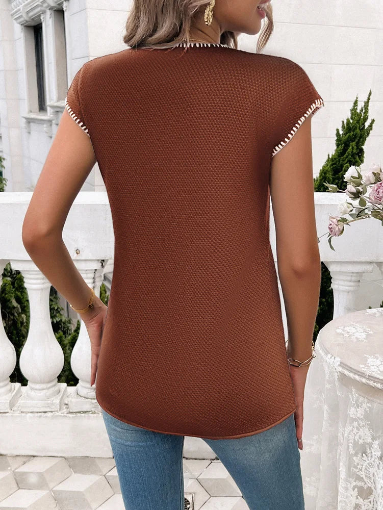 Knit Tops- Women Cap Sleeve Top in Contrast Trim- - Chuzko Women Clothing