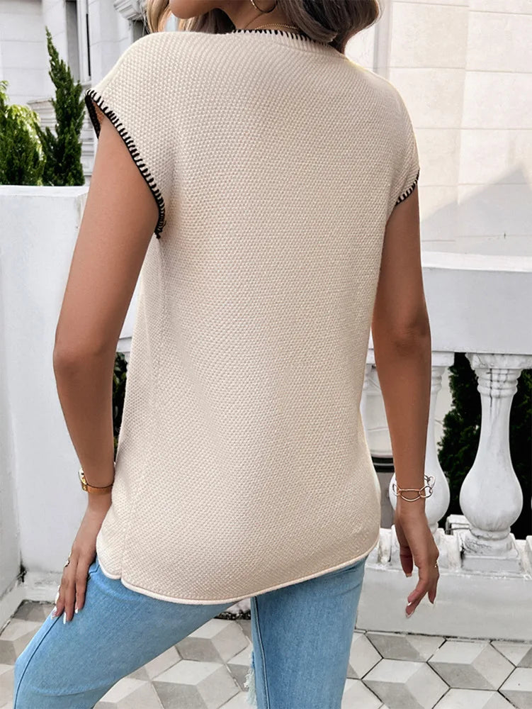 Knit Tops- Women Cap Sleeve Top in Contrast Trim- - Chuzko Women Clothing