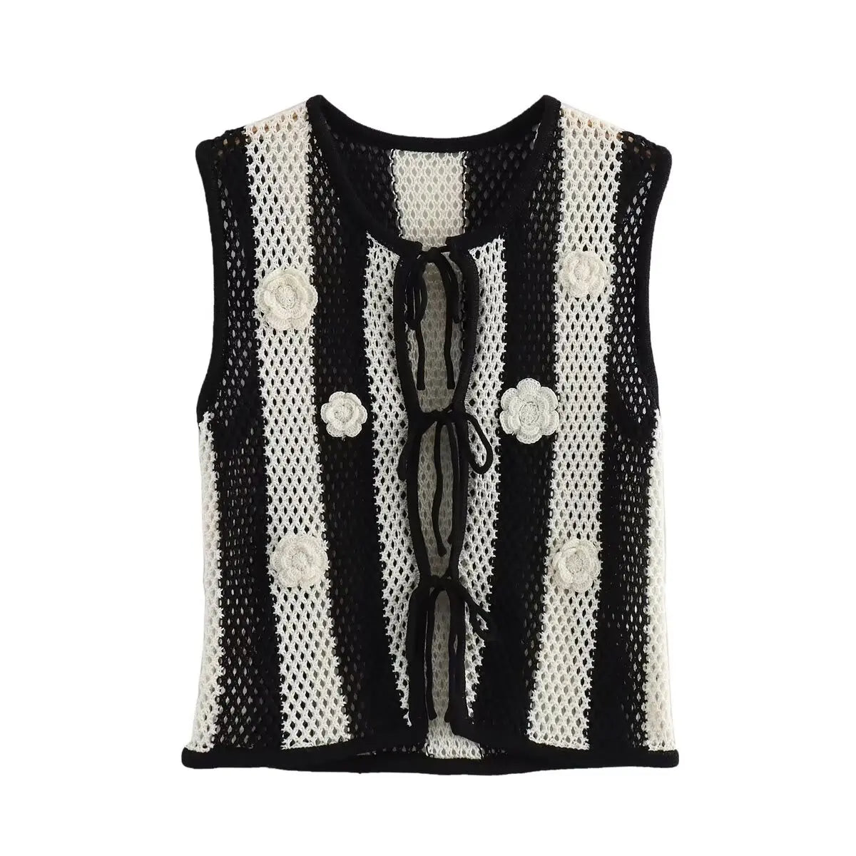 Knit Tops- Women Floral Appliqué Knitting Striped Vest- Black- IndioGear.com