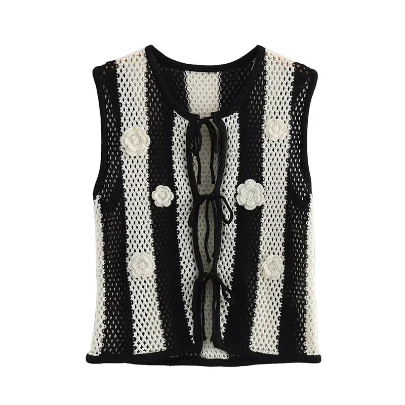 Knit Tops- Women Floral Appliqué Knitting Striped Vest- - IndioGear.com