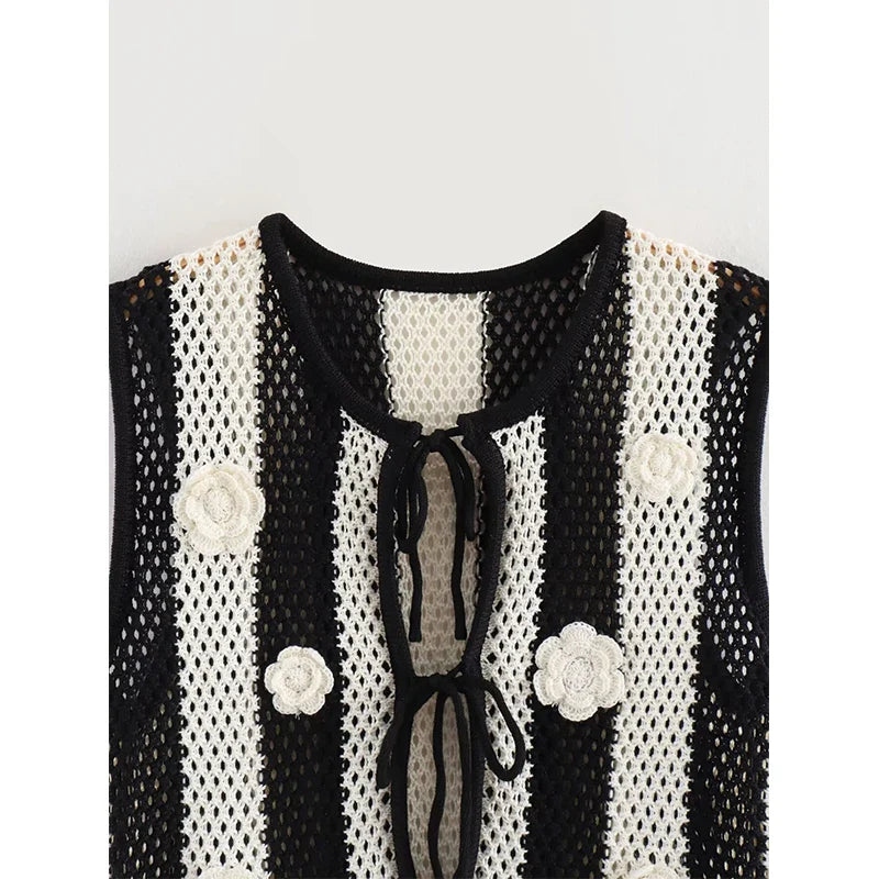 Knit Tops- Women Floral Appliqué Knitting Striped Vest- - IndioGear.com