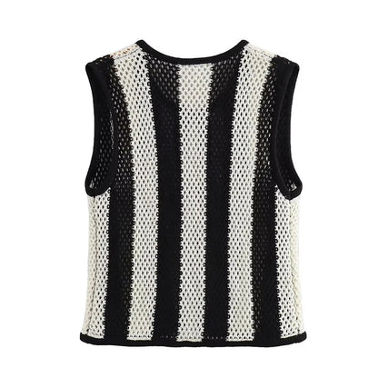 Knit Tops- Women Floral Appliqué Knitting Striped Vest- - IndioGear.com