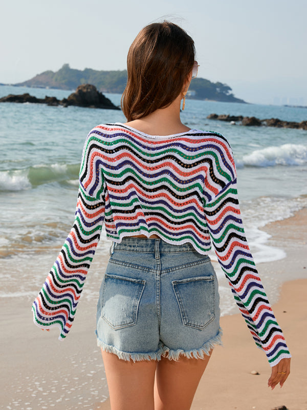 Knit Tops- Women's Chevron Stripe Beach Cover-Up Crop Top- - IndioGear Fashion and Gear