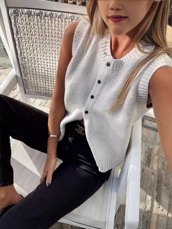 Knit Tops- Women's Knitting Button-Up Sleeveless Top- - IndioGear.com