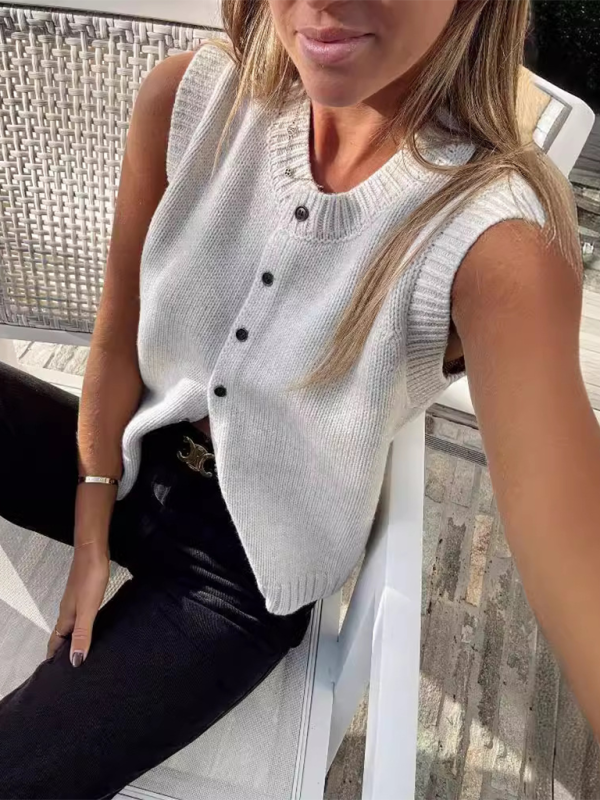 Knit Tops- Women's Knitting Button-Up Sleeveless Top- - IndioGear.com