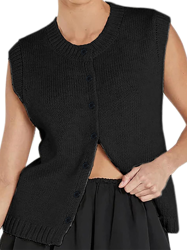 Knit Tops- Women's Knitting Button-Up Sleeveless Top- Black- IndioGear.com