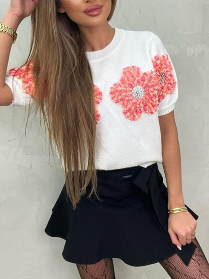 Knit Tops- Women's Short Sleeve Knit Top with Flower Appliques- White- IndioGear Fashion and Gear