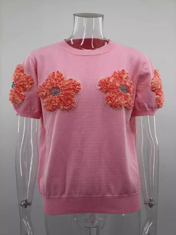 Knit Tops- Women's Short Sleeve Knit Top with Flower Appliques- - IndioGear Fashion and Gear