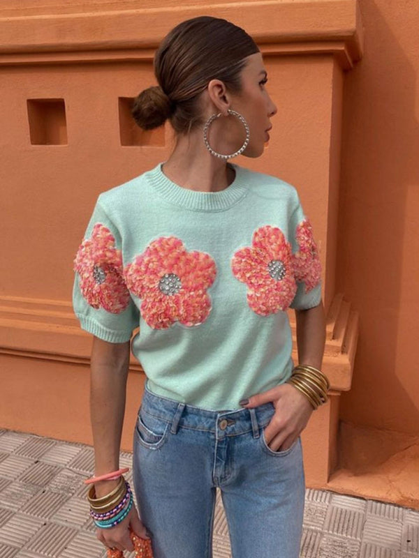 Knit Tops- Women's Short Sleeve Knit Top with Flower Appliques- - IndioGear Fashion and Gear