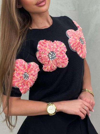 Knit Tops- Women's Short Sleeve Knit Top with Flower Appliques- - IndioGear Fashion and Gear