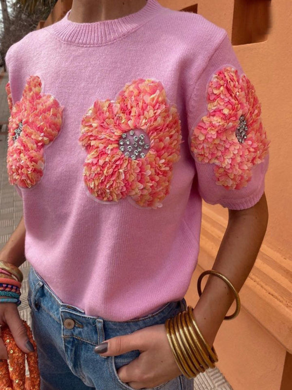 Knit Tops- Women's Short Sleeve Knit Top with Flower Appliques- - IndioGear Fashion and Gear