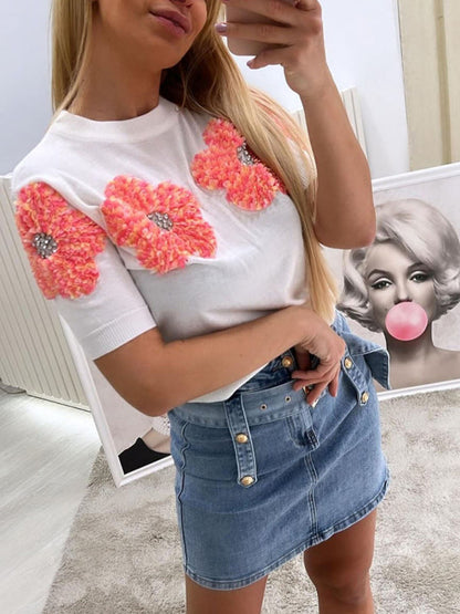 Knit Tops- Women's Short Sleeve Knit Top with Flower Appliques- - IndioGear Fashion and Gear